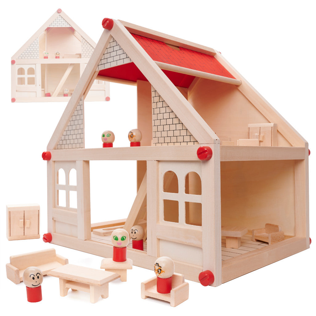 Houten poppenhuis/ speelhuis met en poppetjes 40 cm – Voordeelstore.nl