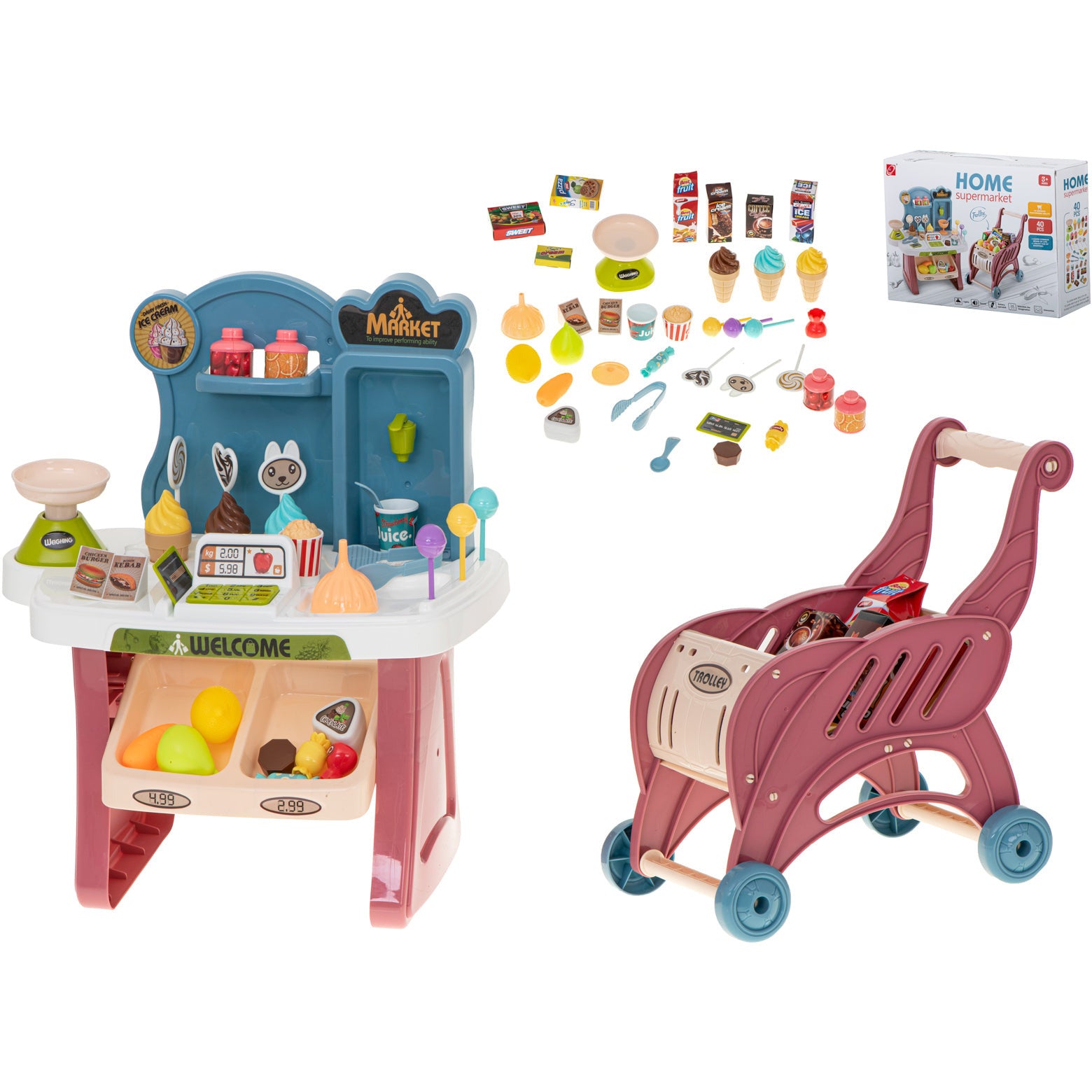 Hobart kleurstof Verlichten Speelgoed winkeltje met winkelwagen en 40 accessoires 37x20x38.5cm –  Voordeelstore.nl