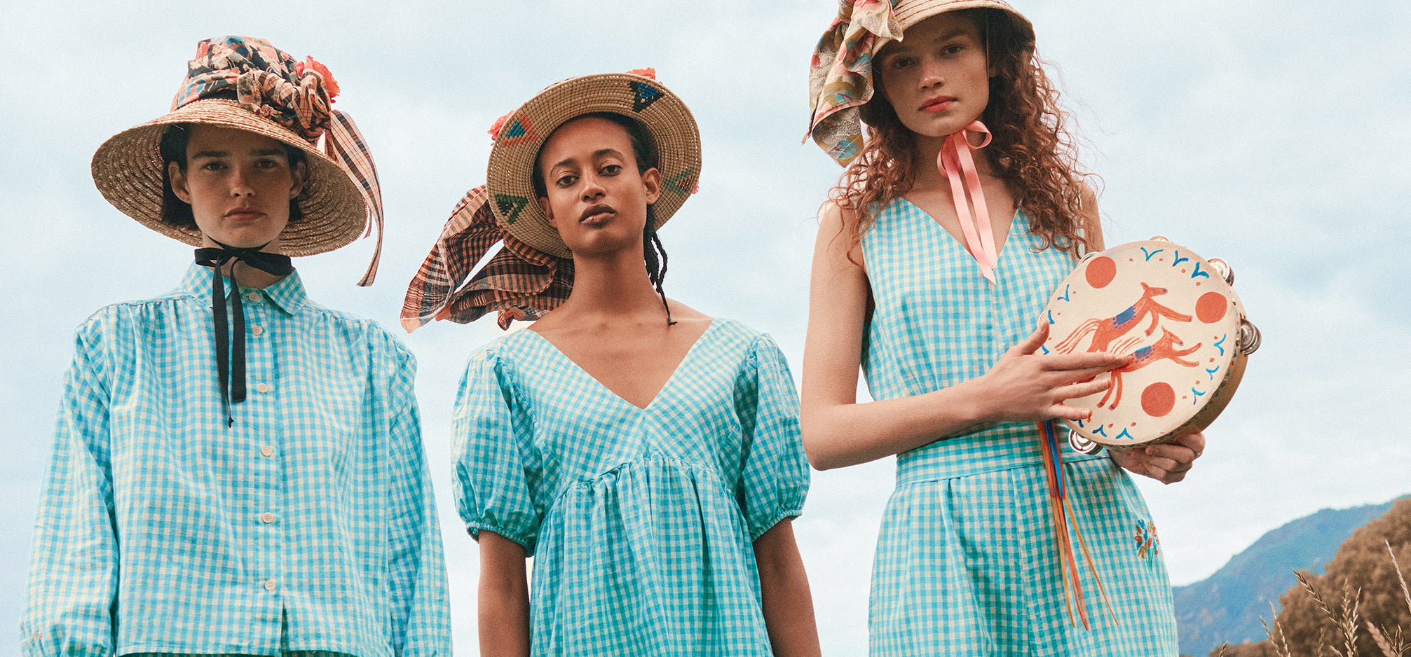 3 Adults wearing Bobo Choses Gingham Dresses & Sun Hats