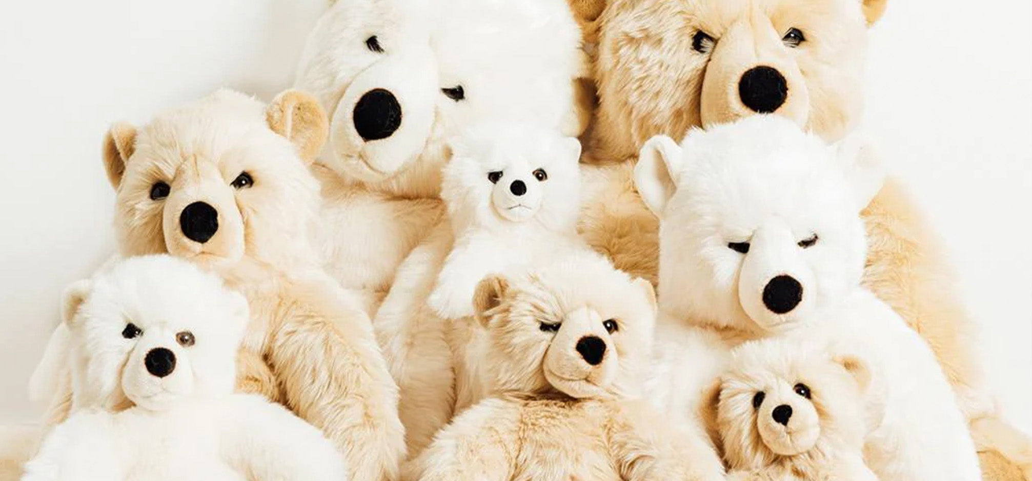 A large group of soft teddy bears with a white background