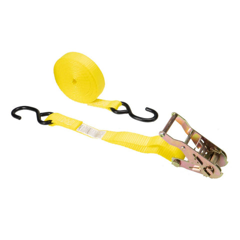 image of yellow ratchet strap with S-hook