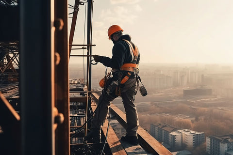 worker on steel structure with fall protection equipment on