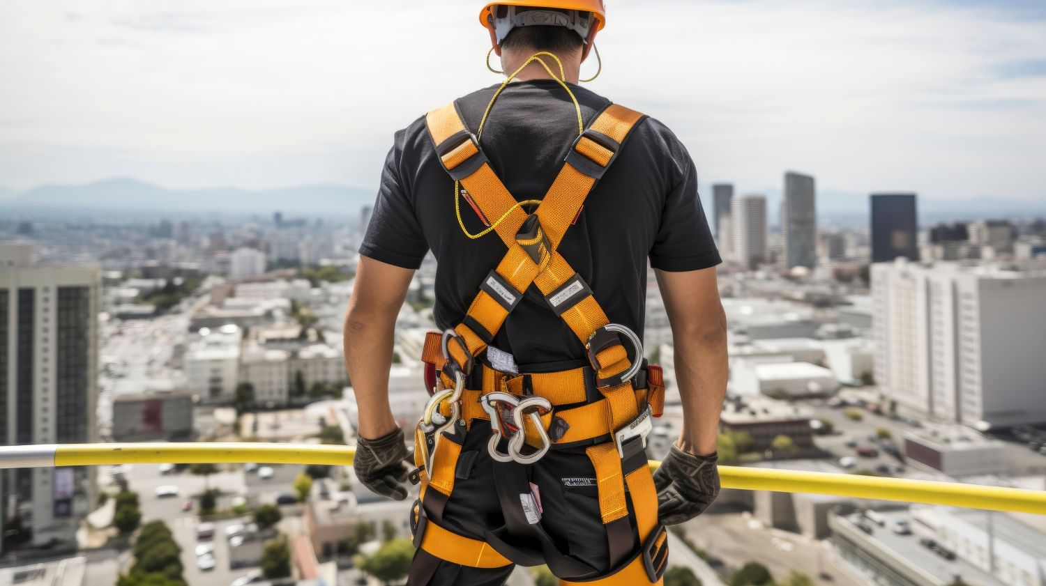 man working oil rigging site wearing fall protection gear