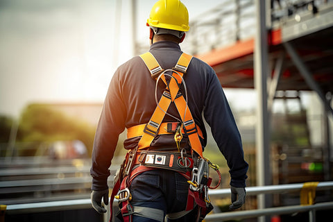 worker wearing fall protection personal arrest safety harness