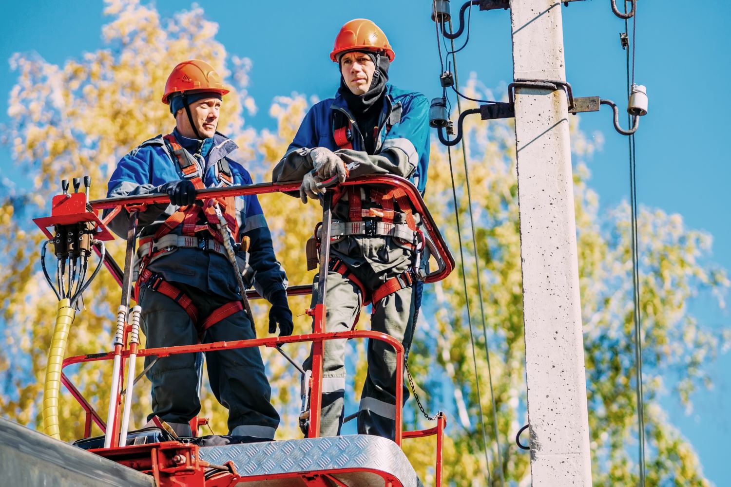 electricians wearing safety harnesses for fall protection working on electric utility pole