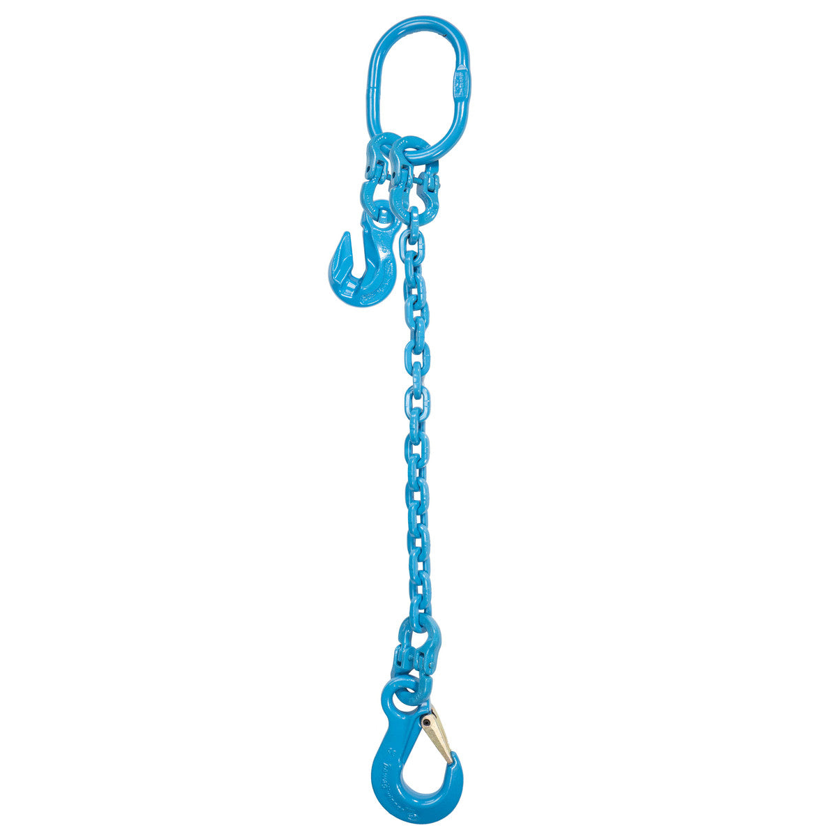 Blue adjustable single-leg chain sling with a sling hook and oblong link at opposing ends of the length of chain.