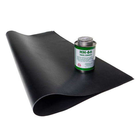 tarp repair kit with black polyester material and vinyl cement