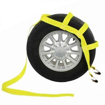 image of yellow tow dolly strap with two flat hooks for attachment to tow dolly trailer