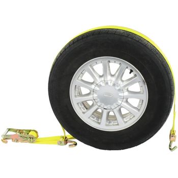 image of yellow polyester wheel strap wrapped around a car tire