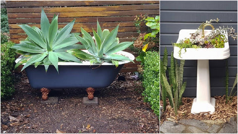 upcycled bathtub and sink turned into planters