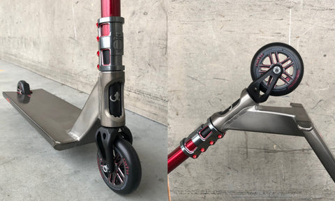 Custom Freestyle scooter built by Versus Proshop x QC Scooters in Montreal Canada with the perfect match of Oath Components Binary wheels and Carcass SCS Clamp, Trynyty Red T-Bar and Aztek Jake Sorenson Deck