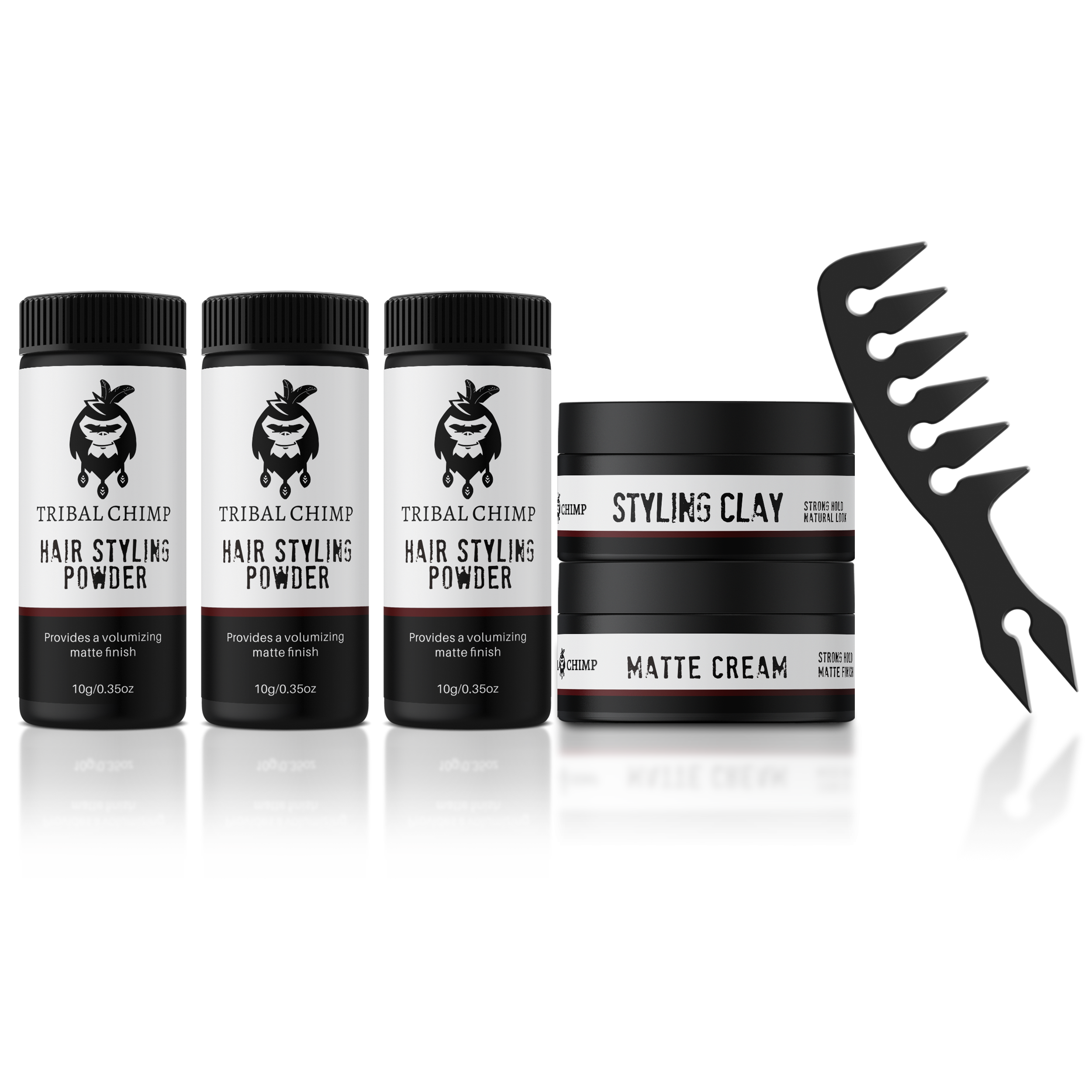 Three containers of 'TRIBAL CHIMP' hair styling products with a comb graphic.