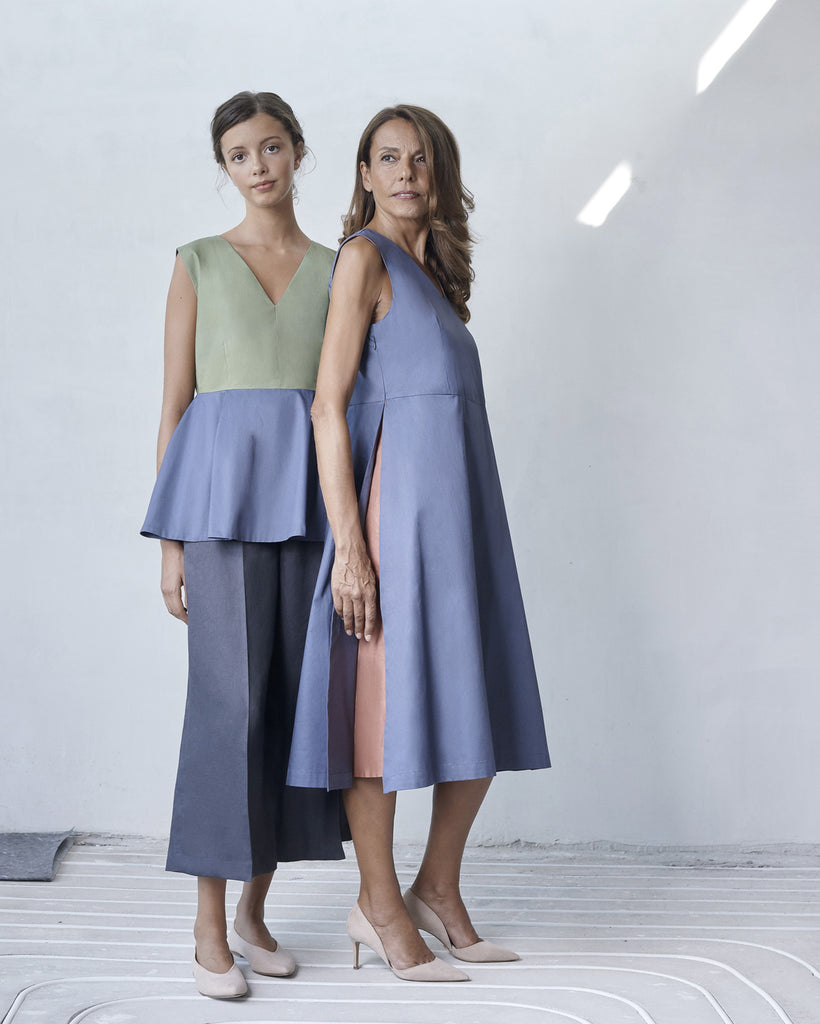 Mom • Side slit dress Daughter • Peplum top, Flared cropped trousers