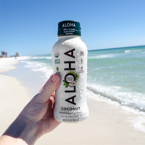 ALOHA coconut protein drink on the beach