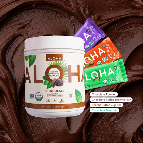  ALOHA vegan chocolate protein powder and chocolate organic protein bars exemplifying how vegan chocolate is good for you