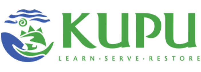 'KUPU logo with leaf and wave elements and the tagline 'LEARN-SERVE-RESTORE''