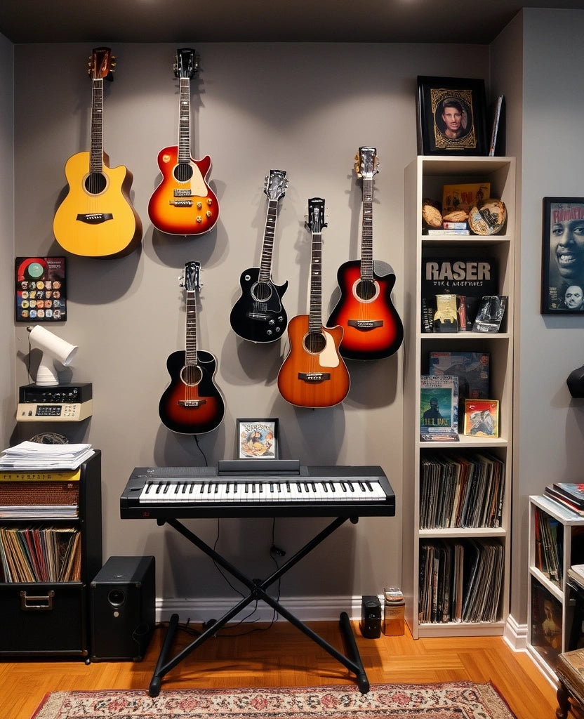 A music room featuring a wall-mounted guitar display, with several instruments hanging artfully. A keyboard rests on a stylish stand, and nearby shelves showcase records and other music memorabilia. The room is filled with personal touches that reflect the owner's musical journey. 4 guitars on wall stands.