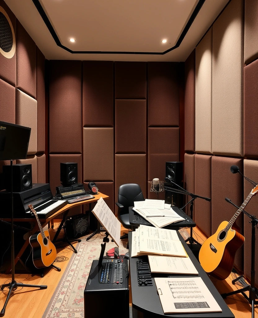 A home music studio showcasing stylish acoustic panels with geometric designs on the walls. The room is equipped with a professional sound system and a recording desk cluttered with musical notes and instruments. Soft lighting casts a warm glow, emphasizing the panels' colors and textures while creating a focused atmosphere.