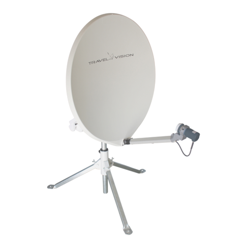 Intellisat automatic portable Travelvison R7 Satillite Dish is mounted on a tripod and setup to receive satillite tv reception for caravans and motor homes