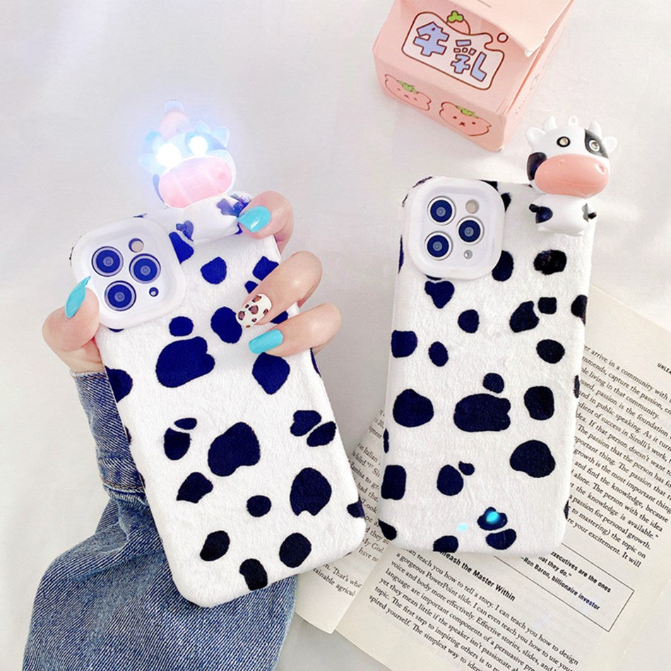 Cute Cow Pattern And Light Toy Phone Case Silicone Glitter Plushfor Ip Myfunfarm