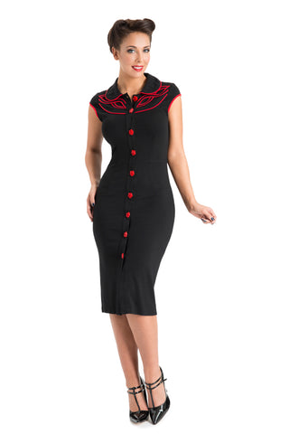 VOODOO VIXEN FLOWER BUTTON BLACK PENCIL WIGGLE DRESS LADIES 50'S ...