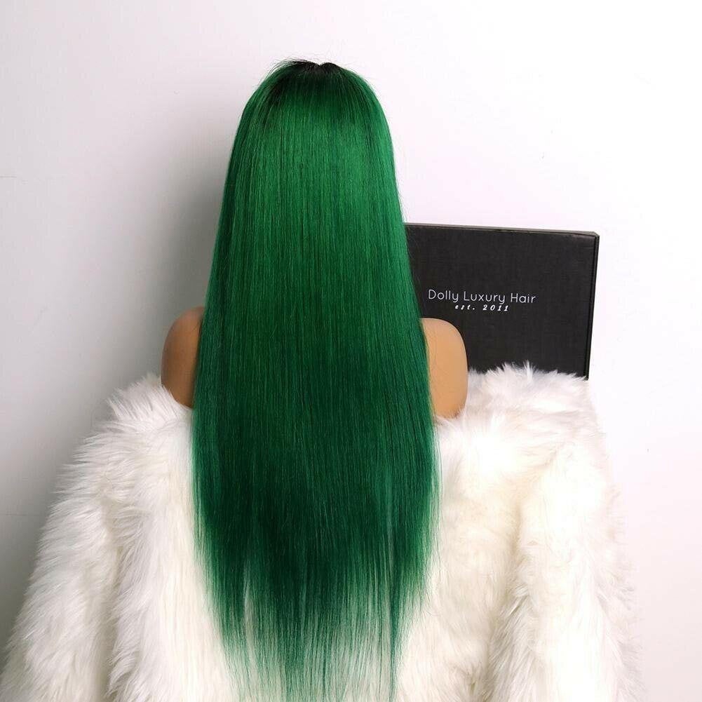 Green wavy bob wig with dark roots  Emerald Falls by Lush Wigs UK