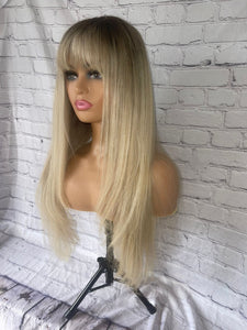 READY TO SHIP 24” 180% Full Lace Ash Blonde Light Golden Balayage Highlighted Human Hair Wig Full Fringe Bangs Layers