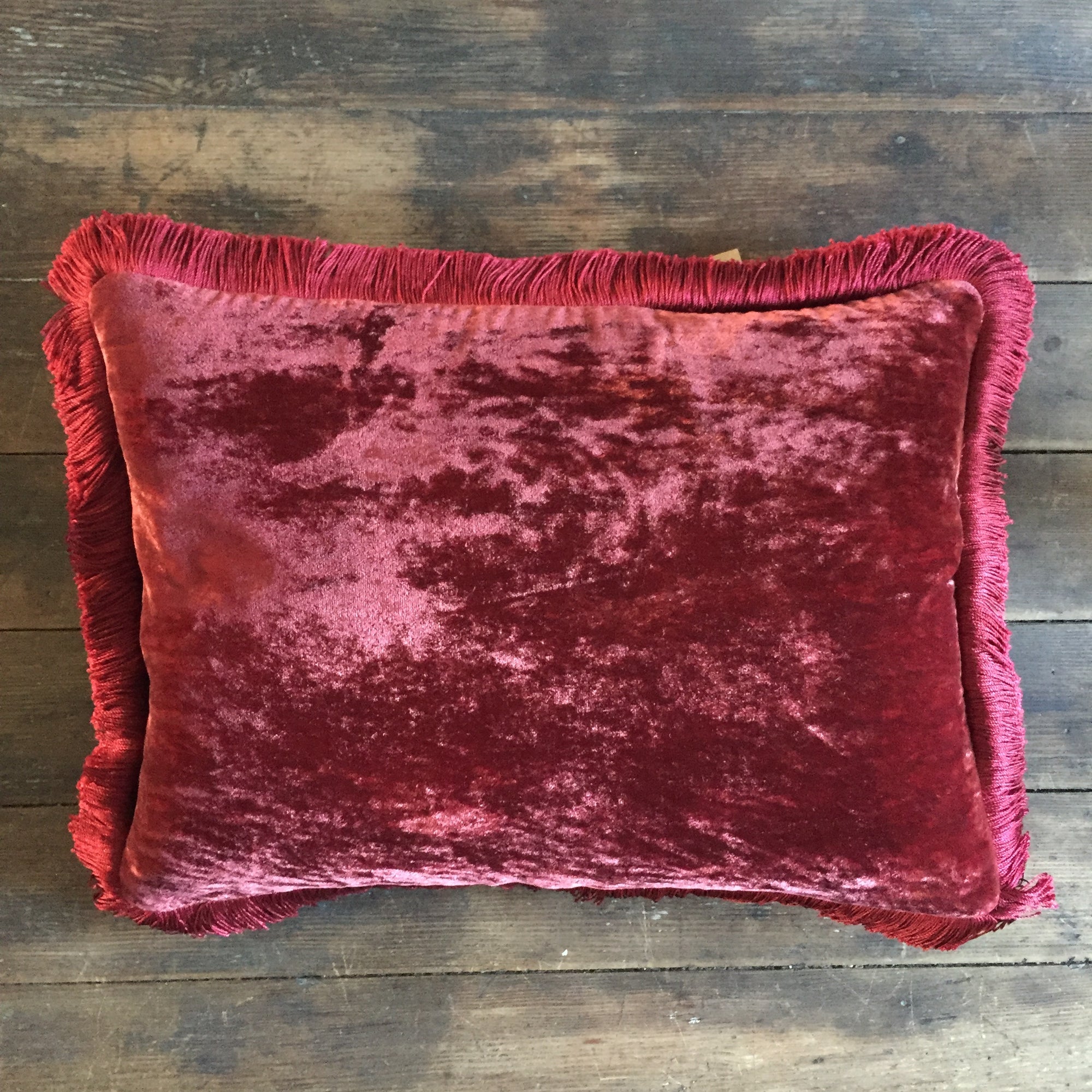 Anke Drechsel Wine Silk Velvet Pillow with Red Fringe 12" x 16"