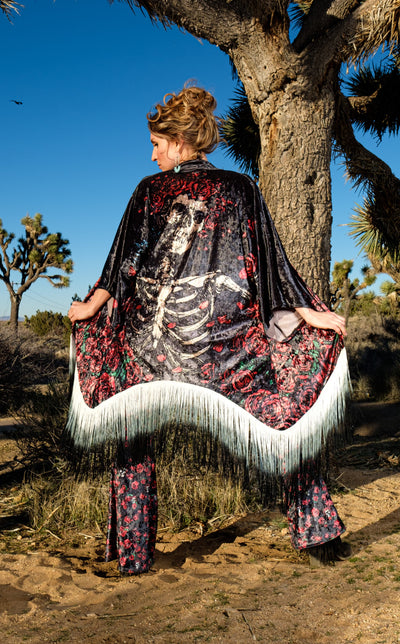 Purple Paisley Burnout Velvet Kimono with Teal/Black Ombre Fringe — The  Headspace