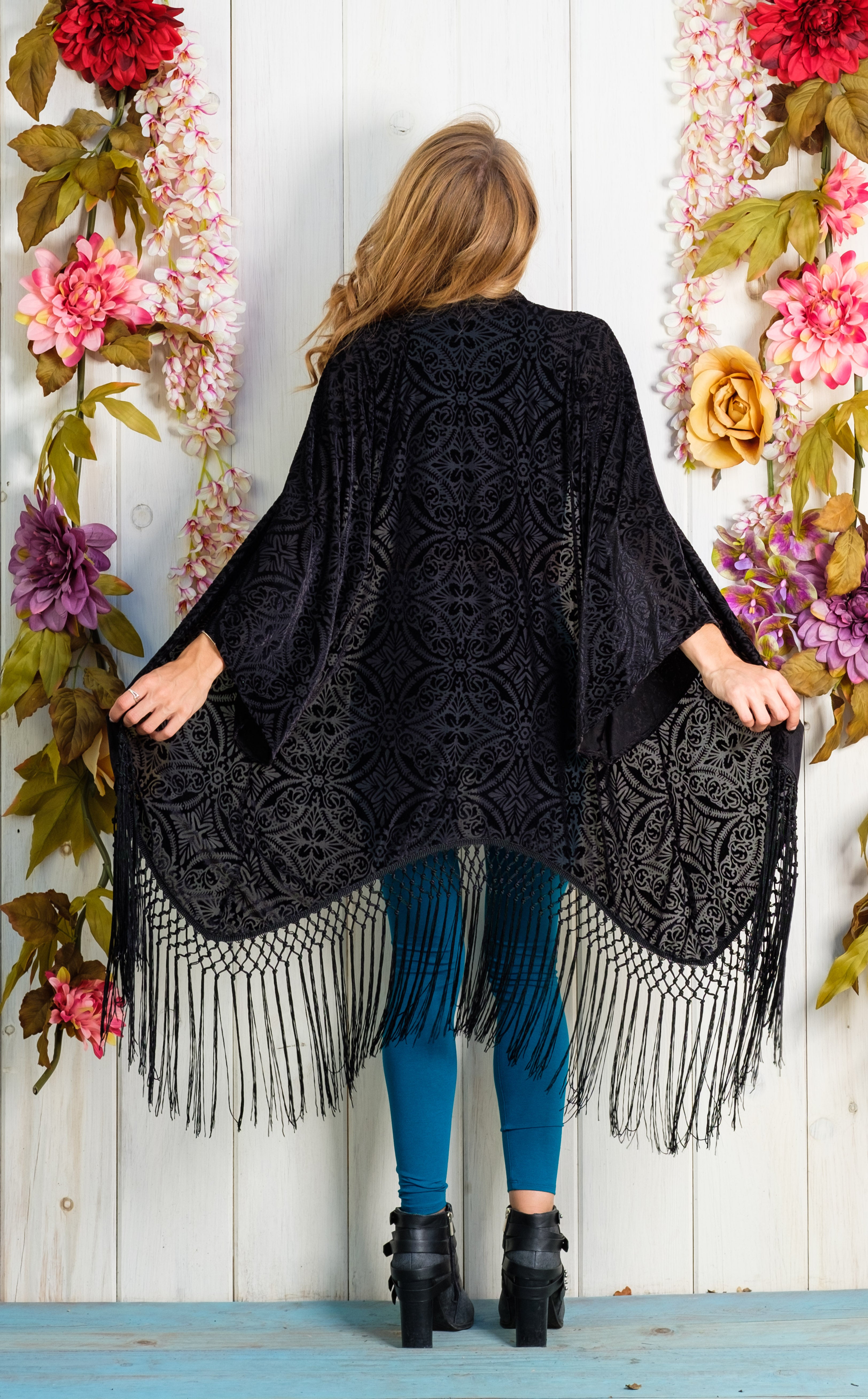 Midnight  Burnout Velvet Kimono with Black Fringe