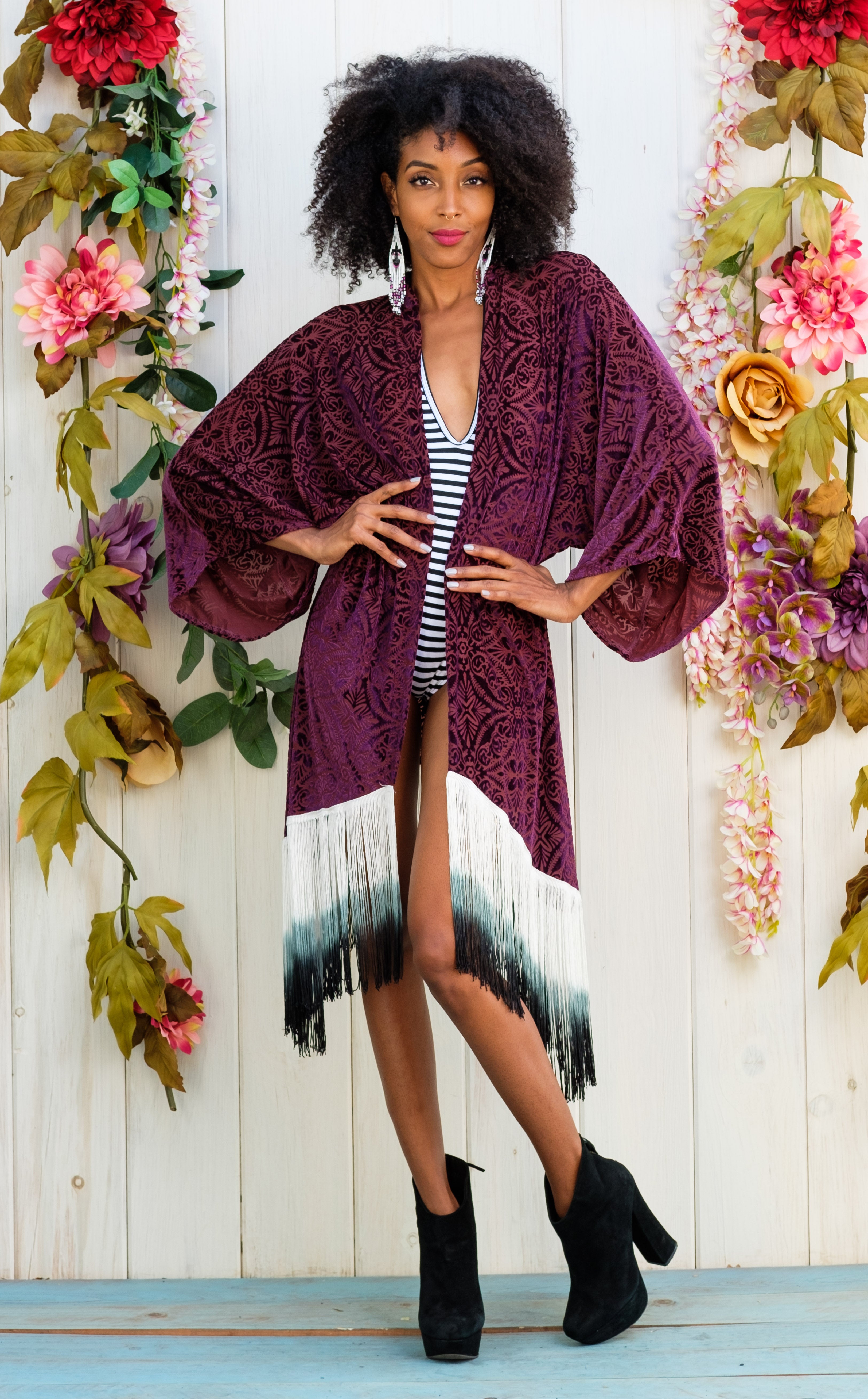 Maroon Burnout Velvet Kimono