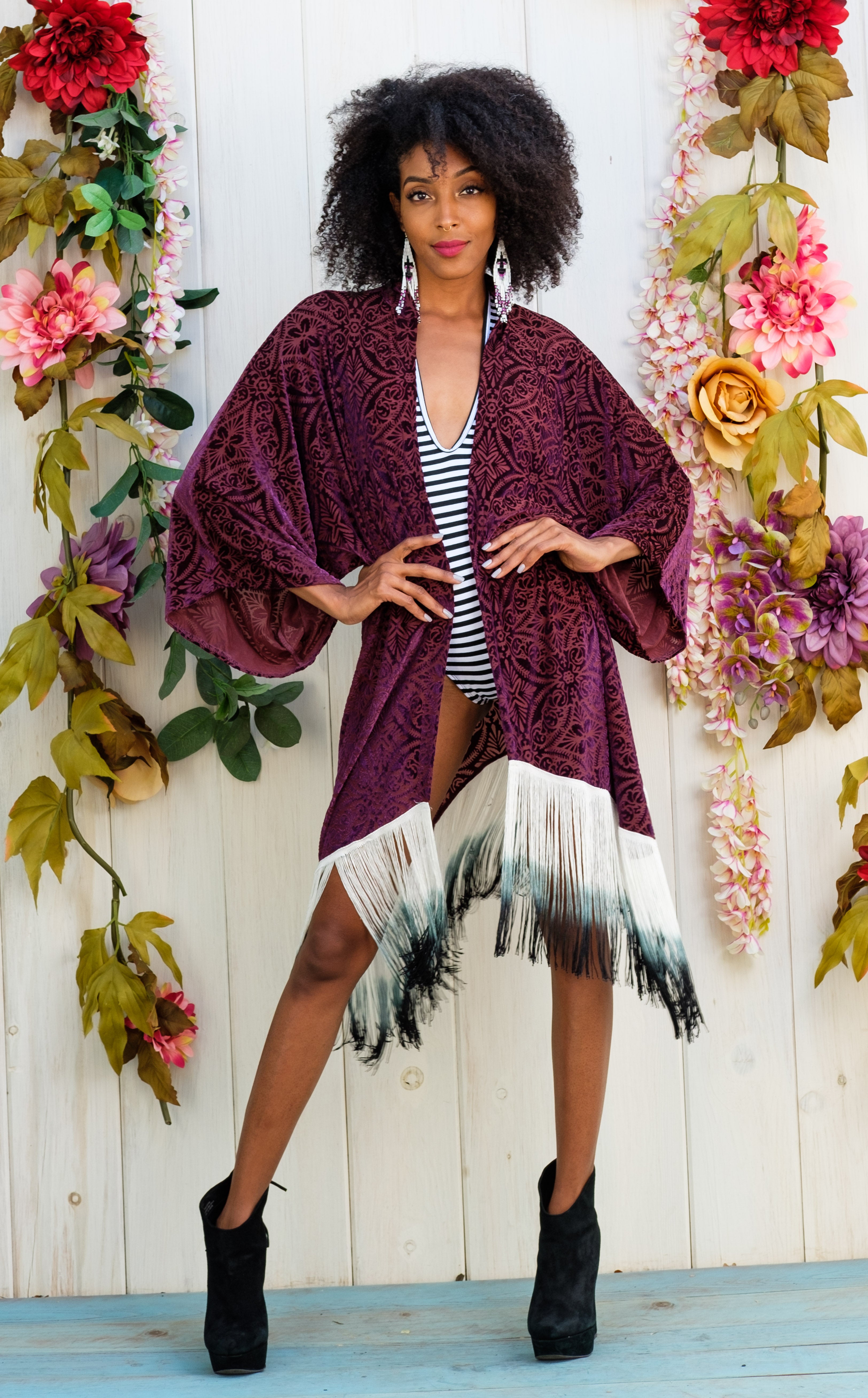 Maroon Burnout Velvet Kimono