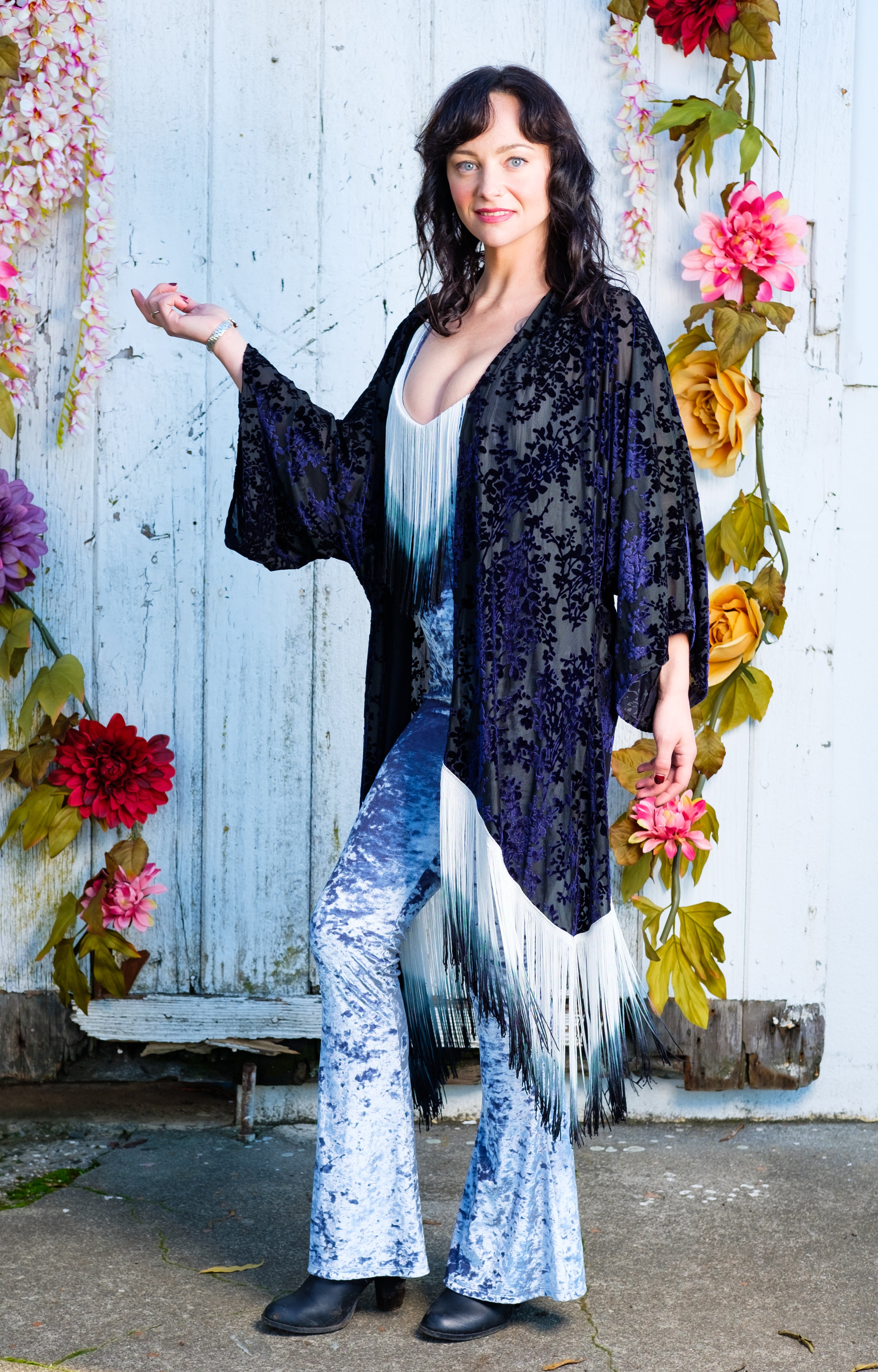 Navy Blossom Burnout Velvet Kimono