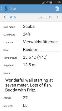 Scubapro LogTrak Dive Log Screen