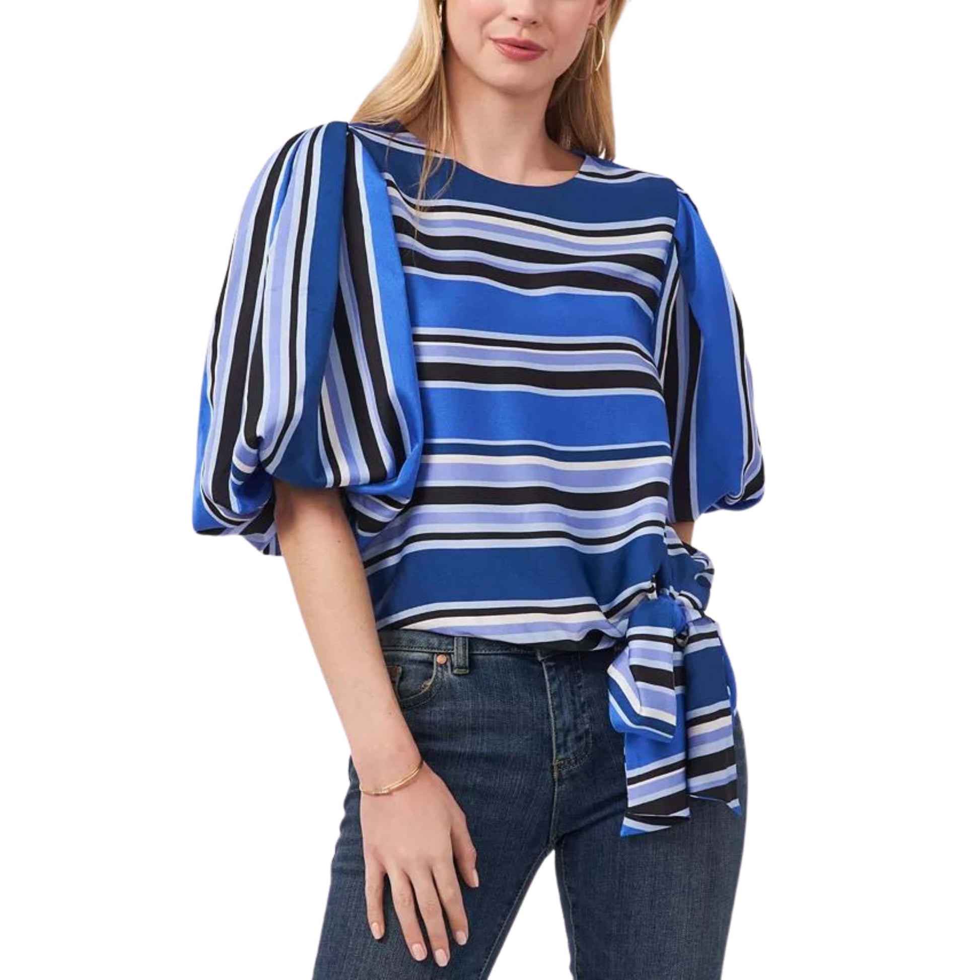 Vince Camuto Womens Tops XS / Multi-Color Vince Camuto - Striped Balloon-Sleeve Harmony Tie-Waist Blouse