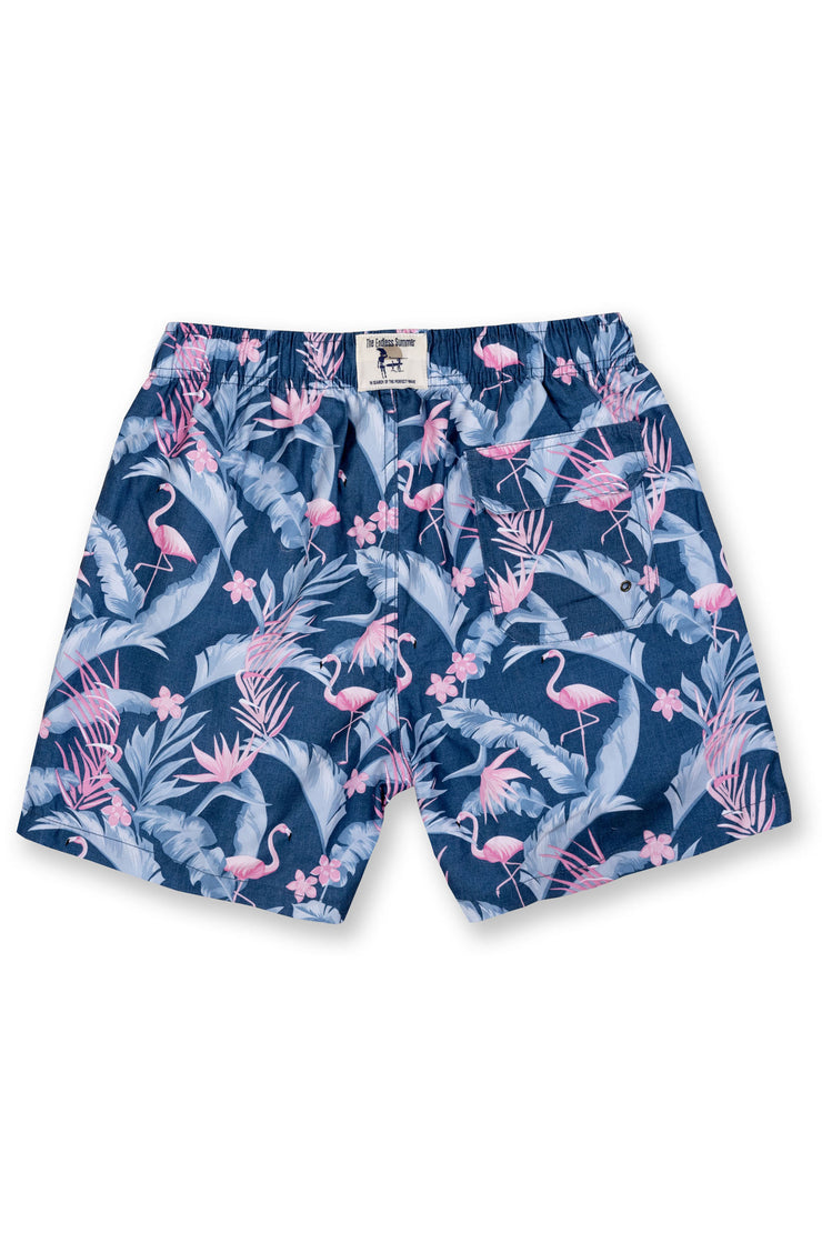 MENS SWIM SHORTS W/ TROPICAL FLAMINGO PRINT - DENIM –  VintageSummerSwimwear.com