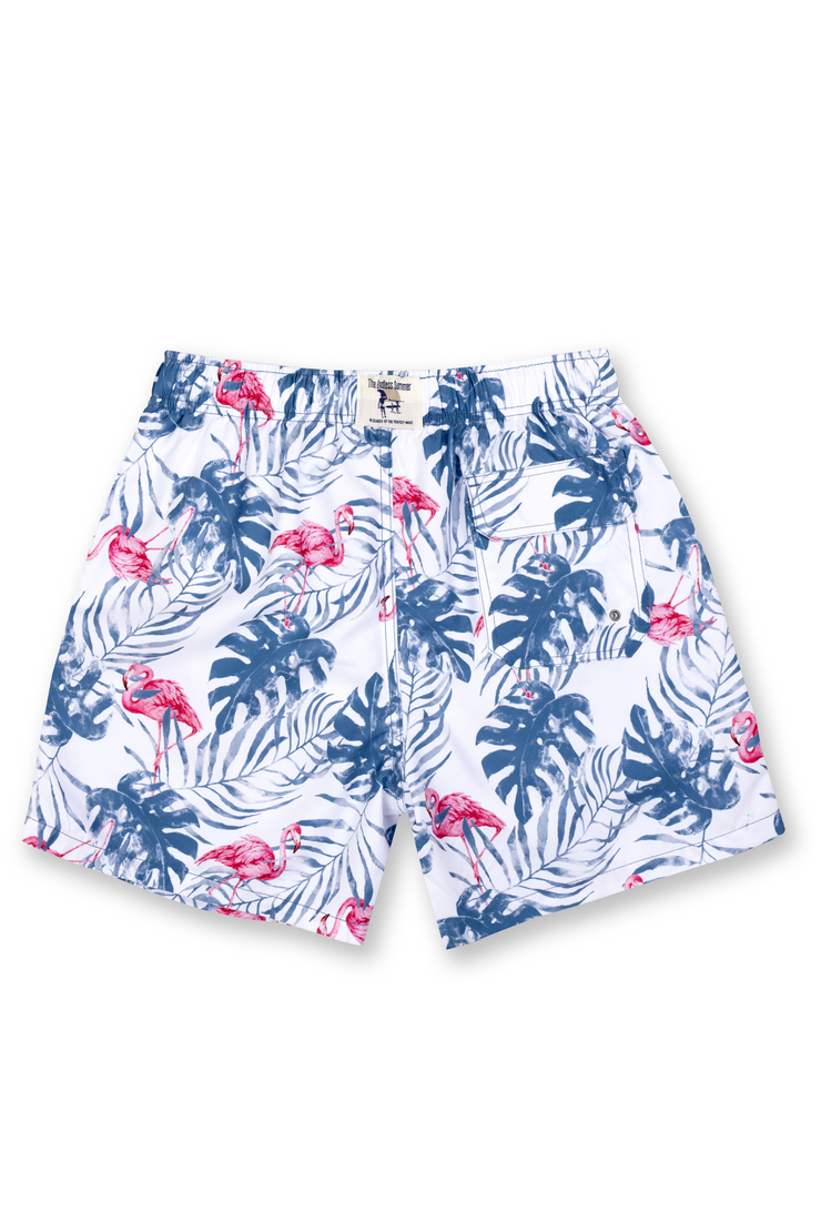 MENS SWIM SHORTS W/ TROPICAL LEAF PRINT - WHITE – VintageSummerSwimwear.com