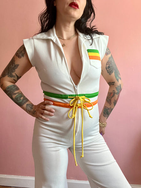 Vintage 70s White Jumpsuit with green/yellow