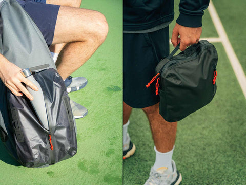 Cancha day bag and wet-dry bag on tennis court