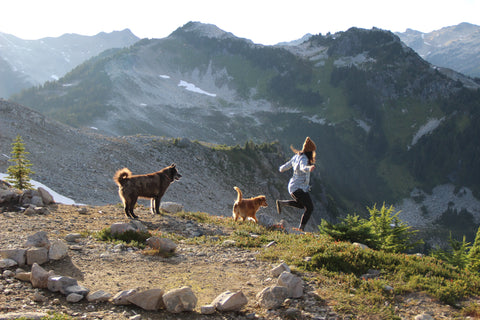 Woman running in Whistler mountains with dogs