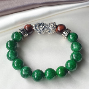 Emerald Jade Green Iron Dragon and Red Tiger Eye with S999 Silver Retro Coin Pixiu and S925 Six Mantra Wheel Charms