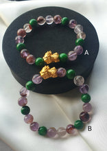 Load image into Gallery viewer, Amethyst Phantom Quartz and Emerald Jade Green Iron Dragon with S999 Silver, Gold Plated Baby Pixiu Bracelet