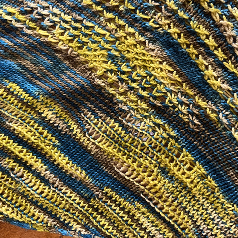 a photo of a knitted shawl in gold, blue and brown, with different stitch textures.