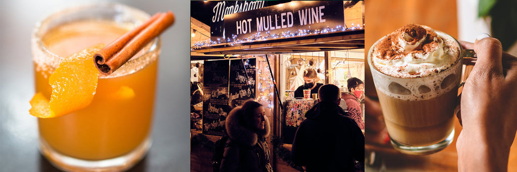 Triple image of spiced cider, van selling mulled wine and mug of hot chocolate.