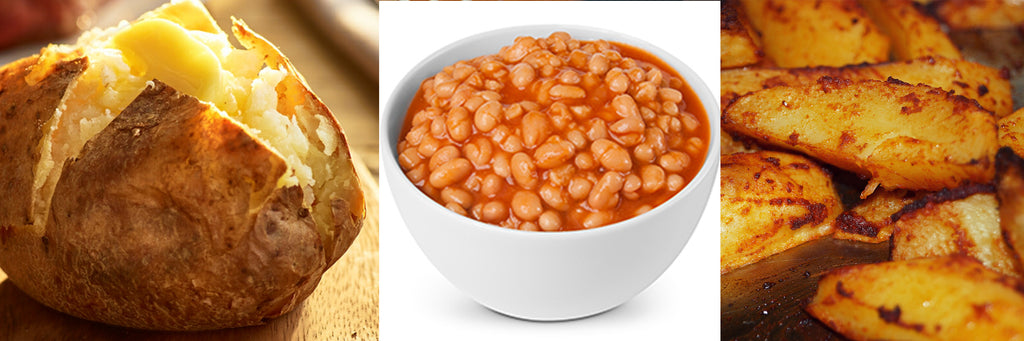 Triple image showing jacket potato, baked beans and potato wedges.
