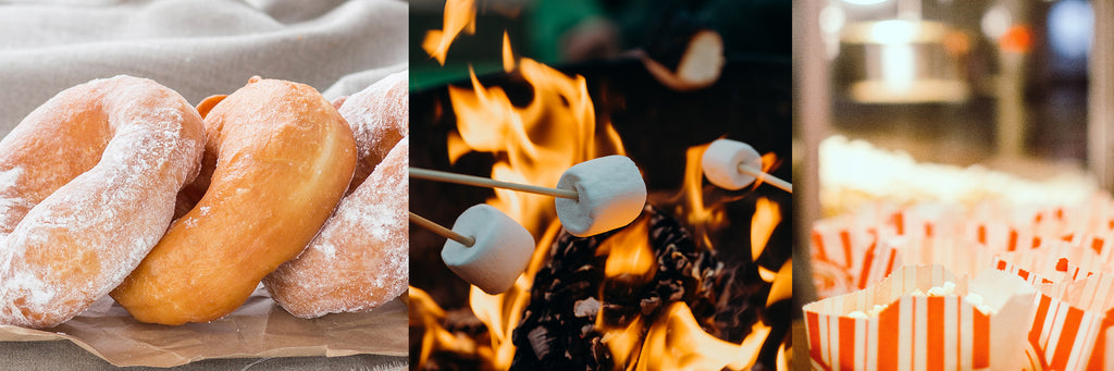 Triple image of donuts, marshmallows cooking on sticks and boxes of popcorn.