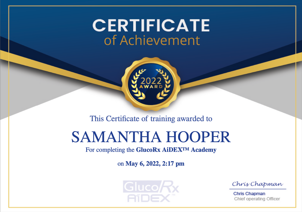Certificate for GlucoRx Aidex Academy for Samantha Hooper