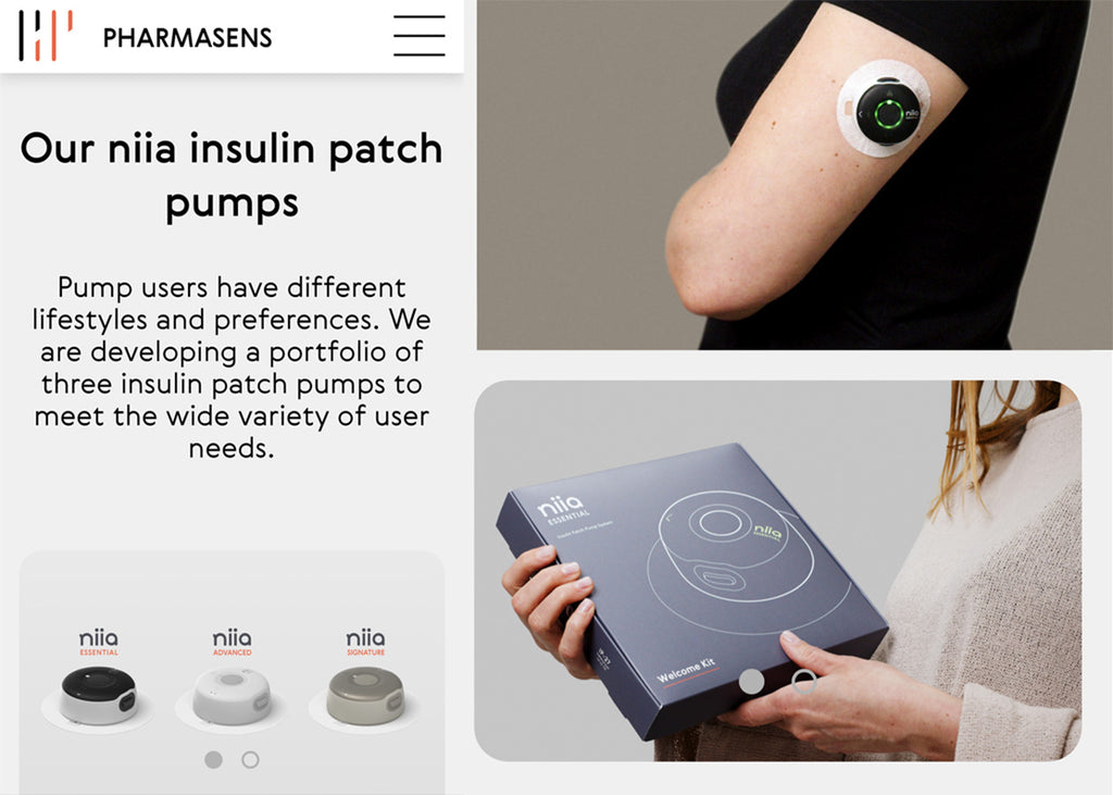 Three images of Pharmasens diabetes pump products.