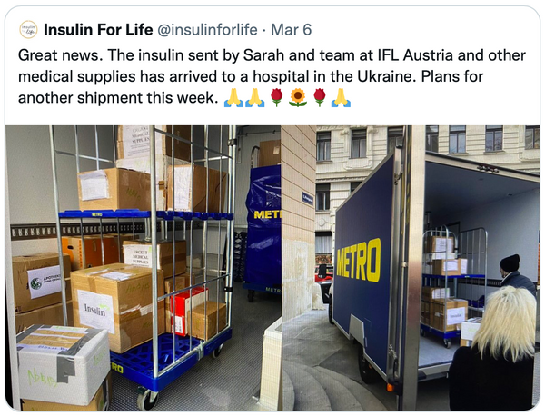 Twitter feed for Insulin for Life, Ukraine delivery of medical supplies.