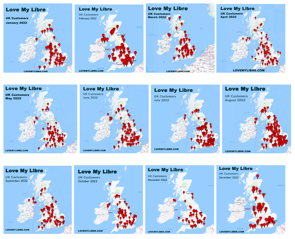 Sales maps for Love My Libre by month in 2022.